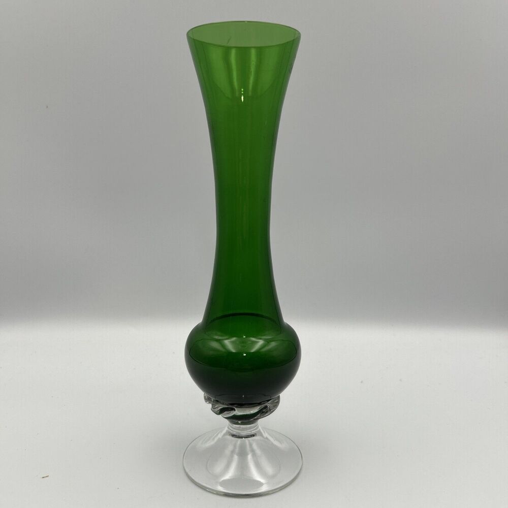 Vintage Italian Empoli Green Art Glass Bud Vase Clear Twist Ped. Stem 9.5" MCM